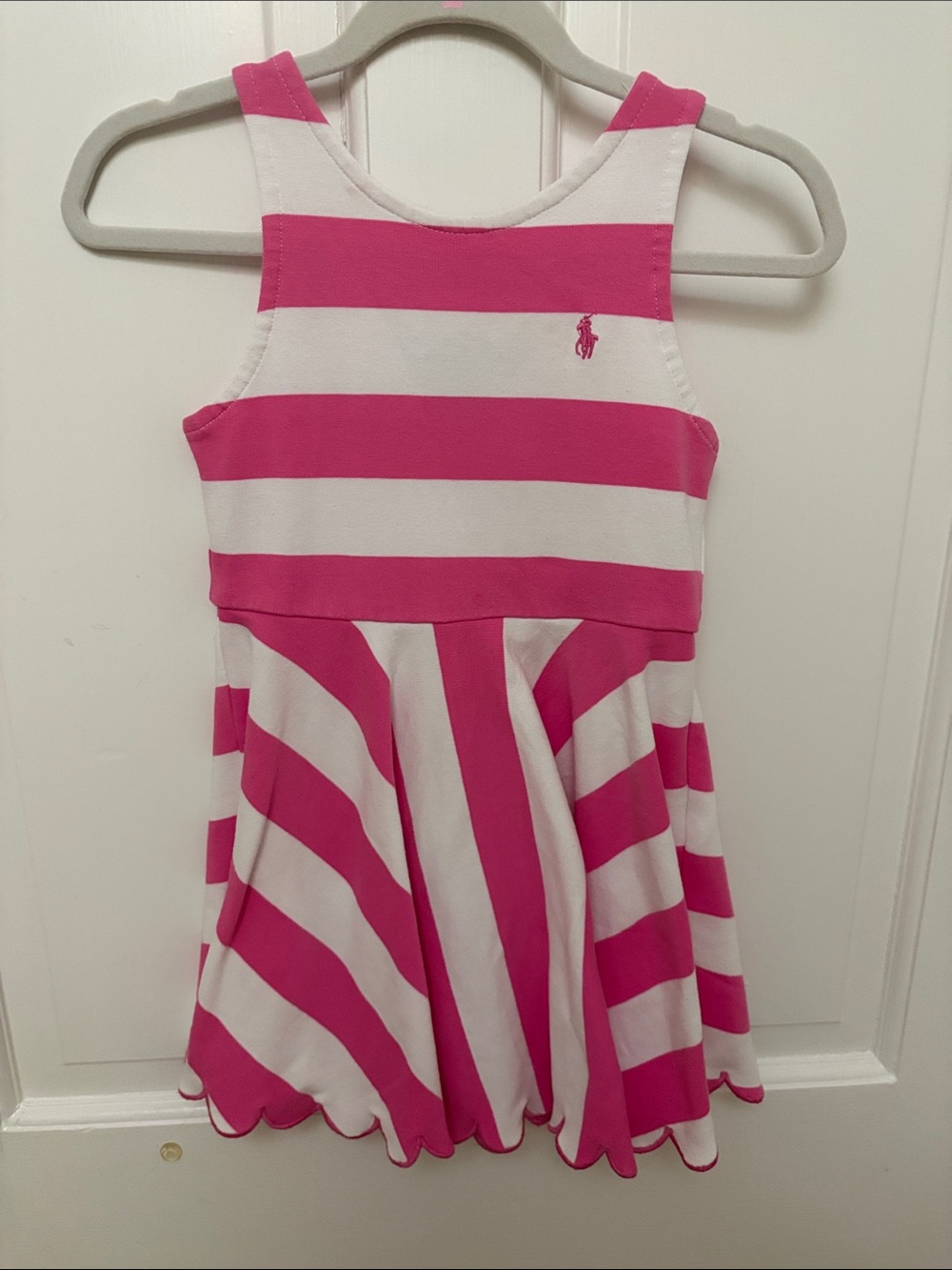 4T: Ralph Lauren Pink and White Striped Girls Scalloped Dress: summer, vacation